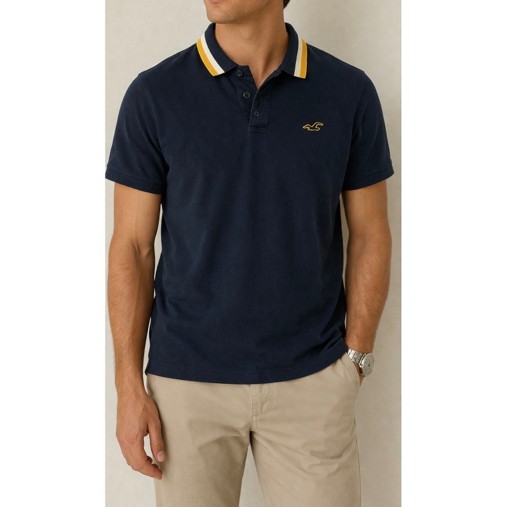 Hollister Mens Advanced Stretch Polo Shirt Navy‎ Blue Tipped Collar Medium